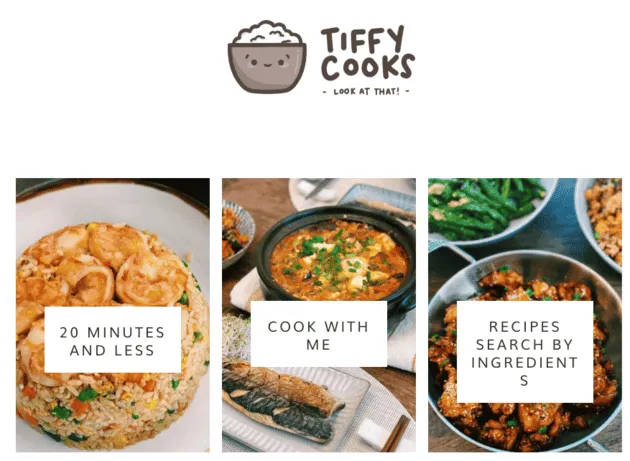 Screenshot of Tiffy Cooks' homepage featuring three recipe categories: quick meals, 'Cook with Me,' and ingredient-based recipe search.
