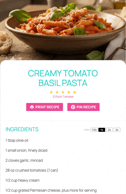 A gif showing a recipe scaling in a Tasty Recipes recipe card when a user toggles between x1/2, x1, x2, and x3.