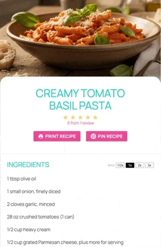 A gif showing a recipe scaling in a Tasty Recipes recipe card when a user toggles between x1/2, x1, x2, and x3.