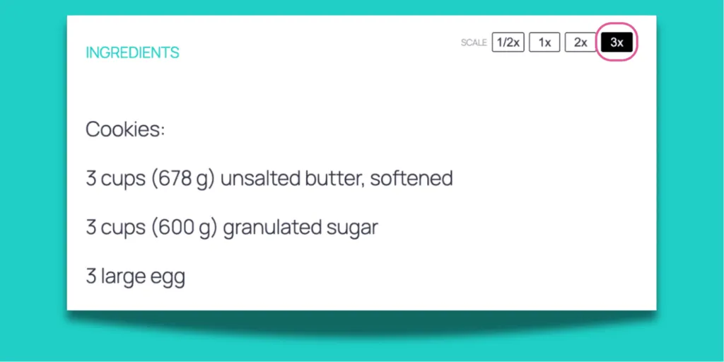 An image showing a recipe triple scaled with a Tasty Recipes recipe card.