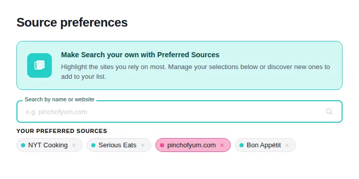 A graphic reresenting Google's Source Preferences page with the heading "Make Search your own with Preferred Sources" and a search field labeled "Search by name or website."