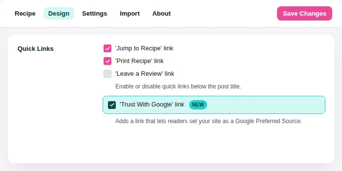 The Tasty Recipes Quick Links settings panel with "Trust With Google" link enabled and highlighted.
