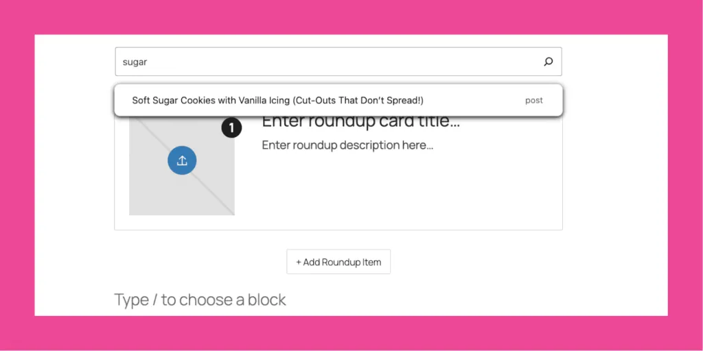 Searching for a cookie recipe inside the Tasty Roundup block in WordPress.