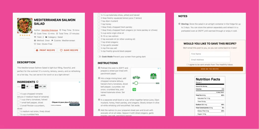 Tasty Recipes card for Mediterranean Salmon Salad with ingredients, instructions, and Cook Mode.