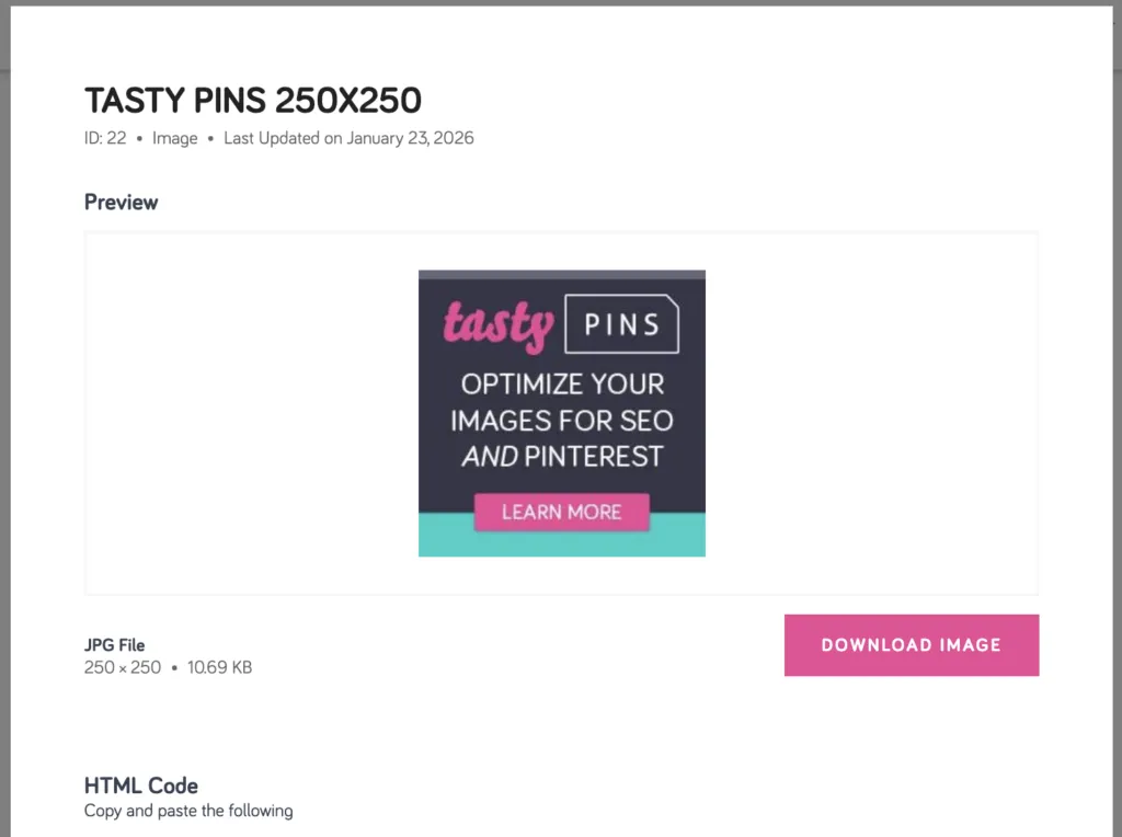 View Details popup for banner options. Includes preview, dimensions, download button, and HTML code.