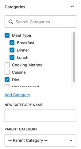a graphic showing WordPress parent categories and sub categories from the post editor.