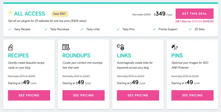 A picture of the pricing plans for Tasty Recipes and the other WP Tasty plugins