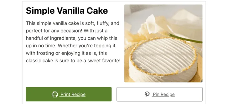 A screen shot of a WordPress recipe maker recipe card with Vanilla Cake on it. This recipe card was made with the free version, not WordPress recipe maker premium.