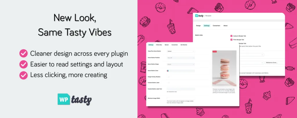 Screenshot of WP Tasty’s new plugin dashboard design featuring the Settings tab and updated layout with two plugin previews.