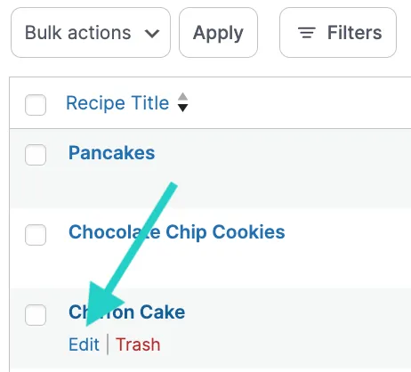 Tasty Recipes "Recipes" Tab - Recipe Explorer Edit Recipe Button