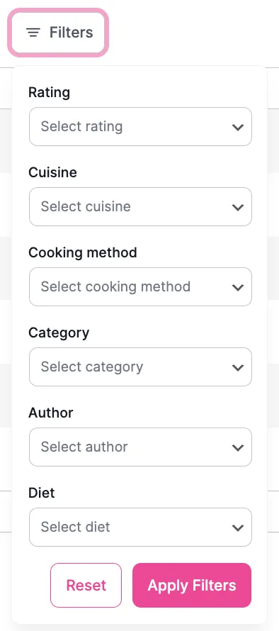 Tasty Recipes "Recipes" Tab - Recipe Explorer Filter Options