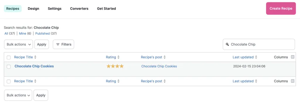 WPT Tasty Recipes Recipe Tab Dashboard