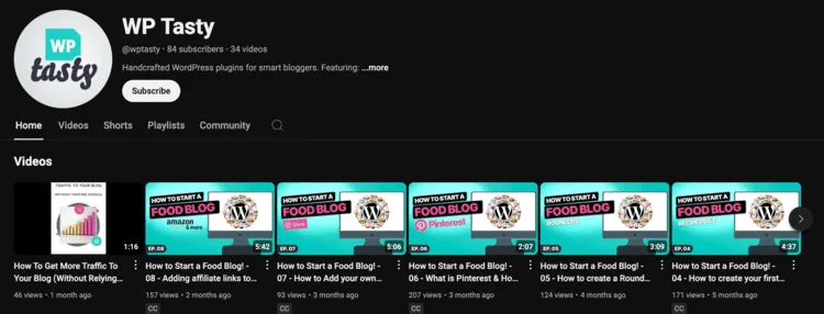 A screen shot showing WP Tasty's food blogging courses and videos on the WP Tasty YouTube channel.