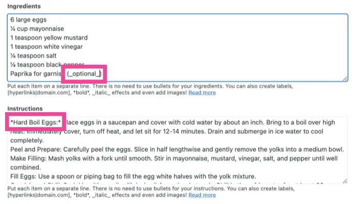 An image showing how to format your text for bold and italic style on a Zip Recipes recipe card