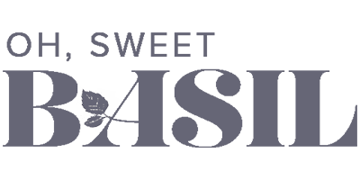 Greyscale logo for the Oh Sweet Basil blog, which uses Tasty Pins