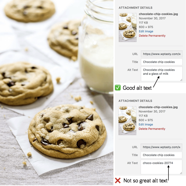 Examples of good and bad alt text for a chocolate chip cookies image