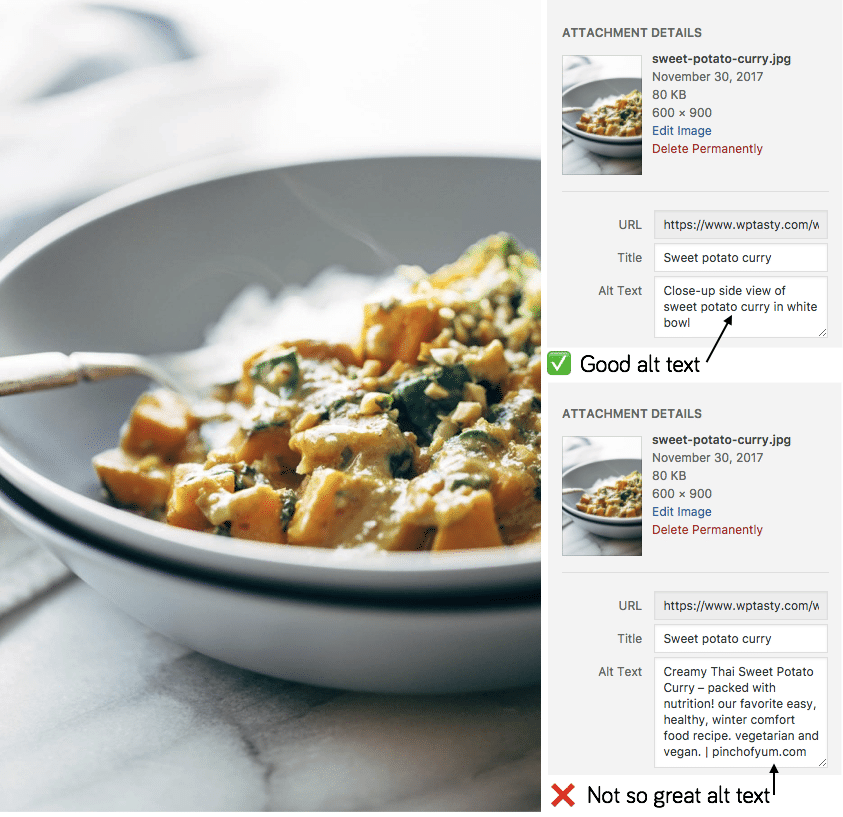 Examples of good and bad alt text for a sweet potato curry image
