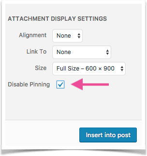 WordPress image settings with Disable Pinning checkbox