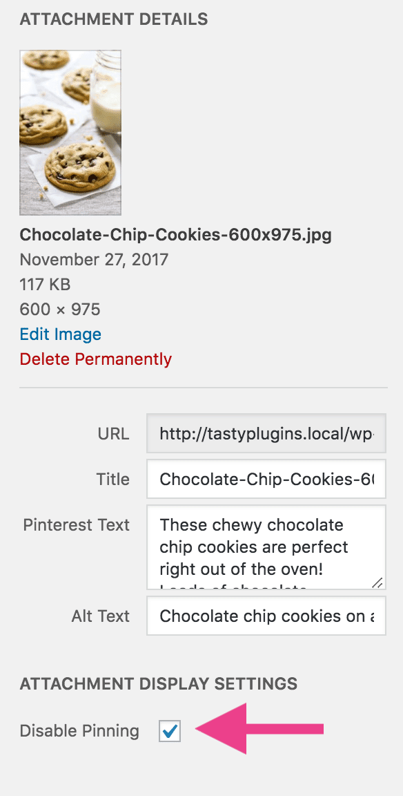 the Disable Pinning checkbox inside Tasty Pins