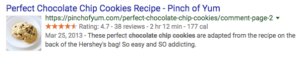 Screenshot of Pinch of Yum's Perfect Chocolate Chip Cookie recipe in Google search results