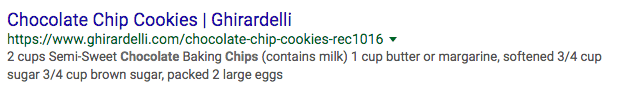 A search result for ghirardelli chocolate chip cookies with no rich information, just a plain blue link