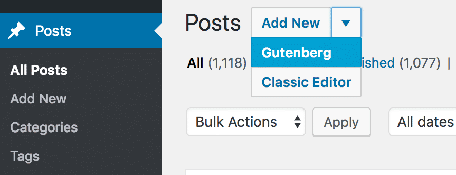 Add new dropdown with Gutenberg highlighted