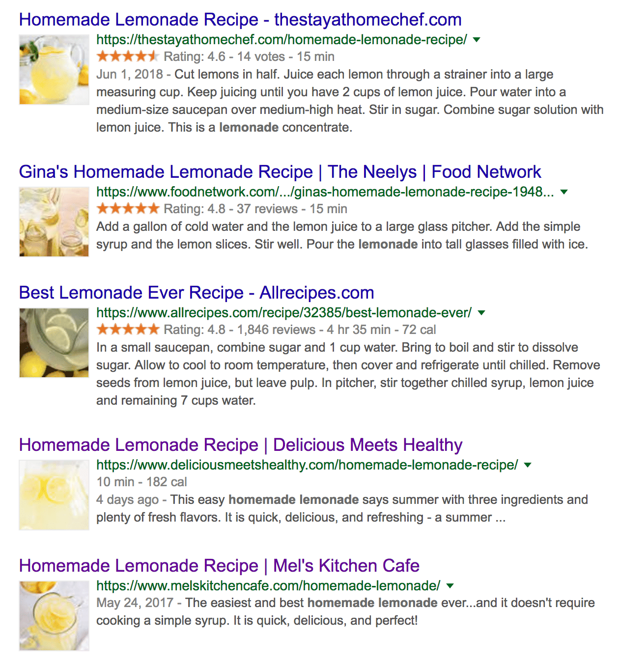 The top 5 results for "homemade lemonade" search, with the top 4 showing rich information