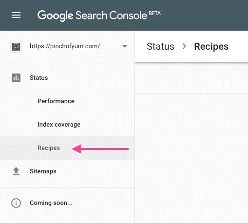 Google Search Console Recipes Report menu item