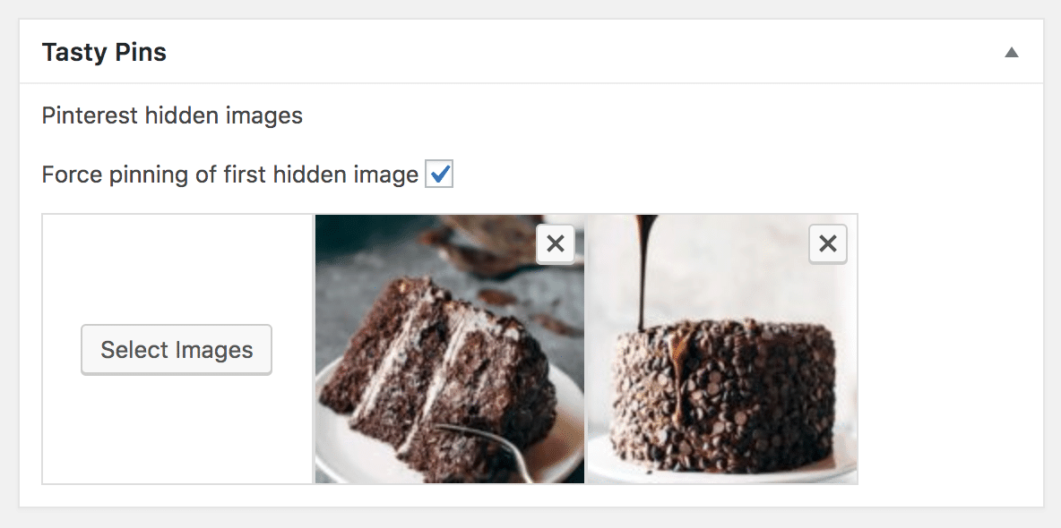 Checkbox in the Tasty Pins area in WordPress that forces the first hidden image to save to Pinterest