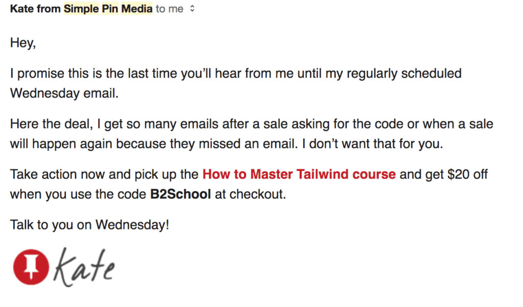 Screenshot of an email from Kate Ahl of Simple Pin Media containing an affiliate link