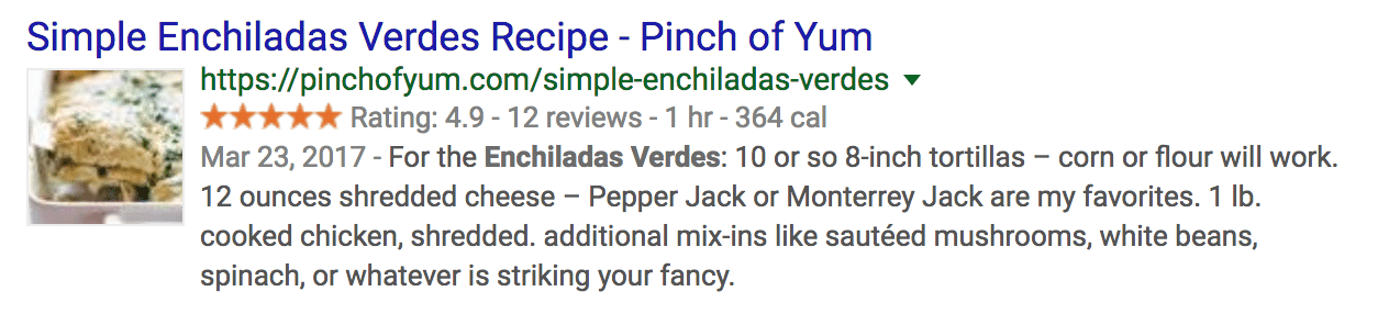 Rich recipe result for Pinch of Yum Enchiladas Verdes - includes star ratings, calorie information