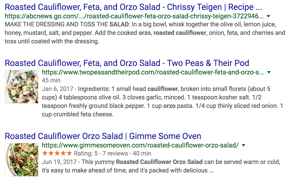 Thee recipe results for "cauliflower orzo salad." The first has no rich information, the second has a photo and time, the third has a photo, ratings, and time.