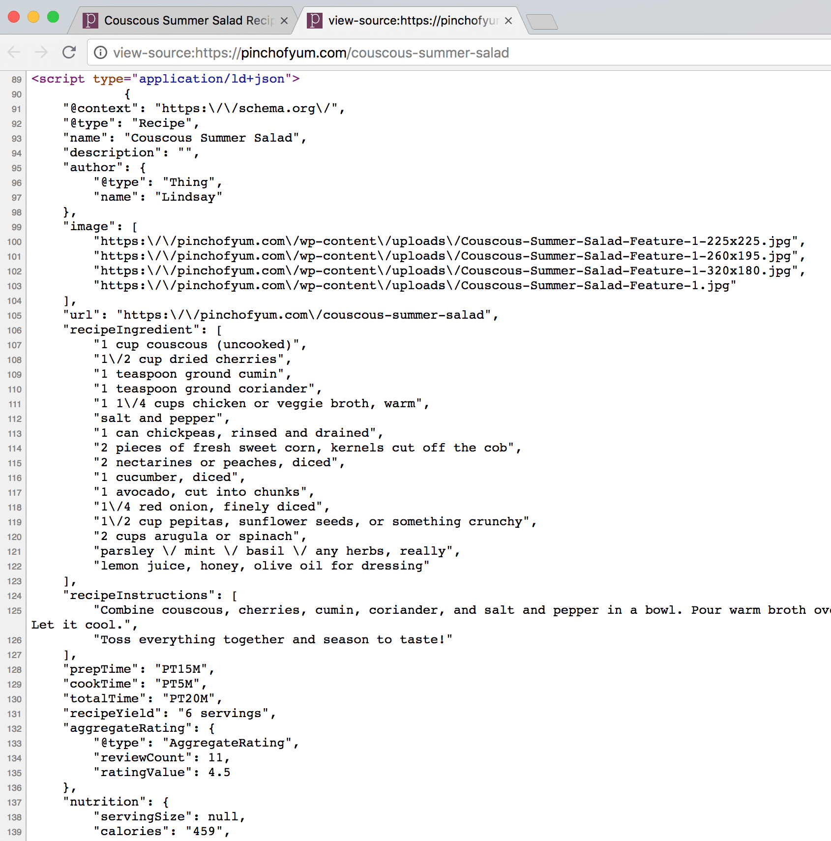 Recipe structured data on the Pinch of Yum site