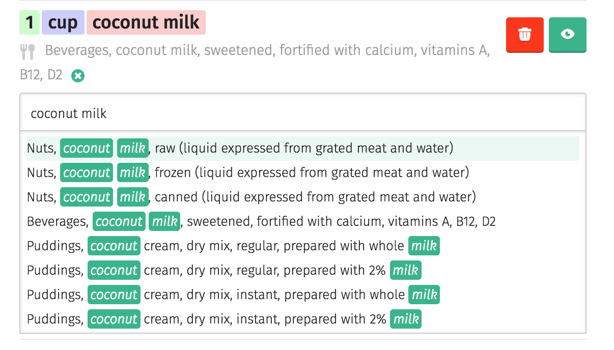 The Nutrifox app ingredient edit screen. When an ingredient is edited, a list of options appears, helping you choose the correct one.