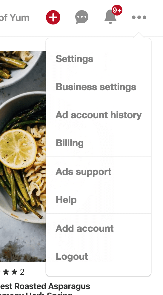 Pinterest business account menu with a "billing" option