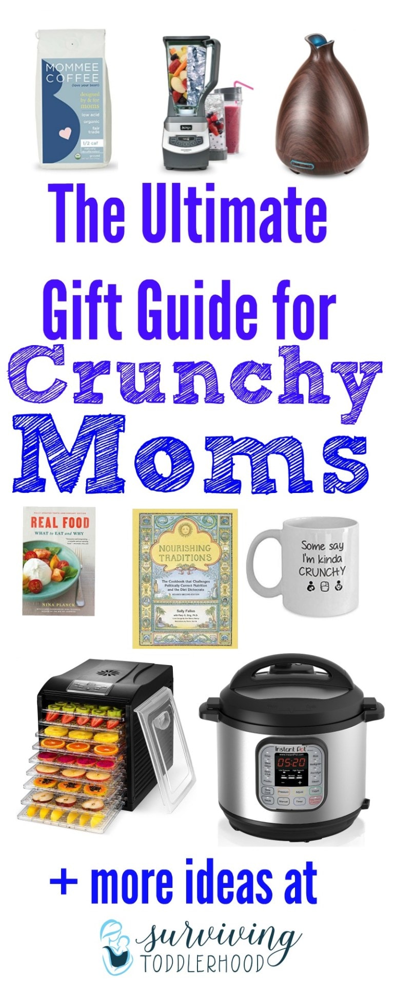 Gift guide example - with dehyrdator, books, blender, coffee cup, and instant pot