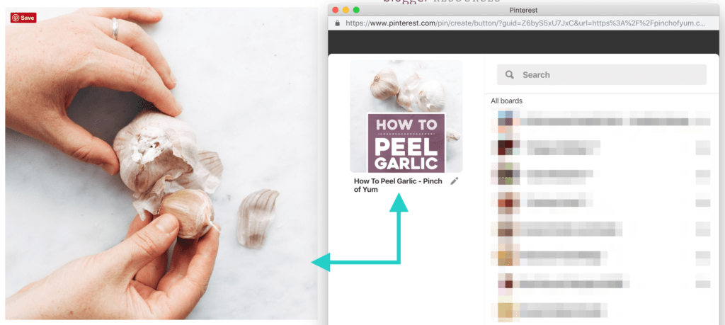 Comparison between image that is clicked (hand holding head of garlic) with the image that will bee saved to Pinterest (text overlay How to Peel Garlic image)