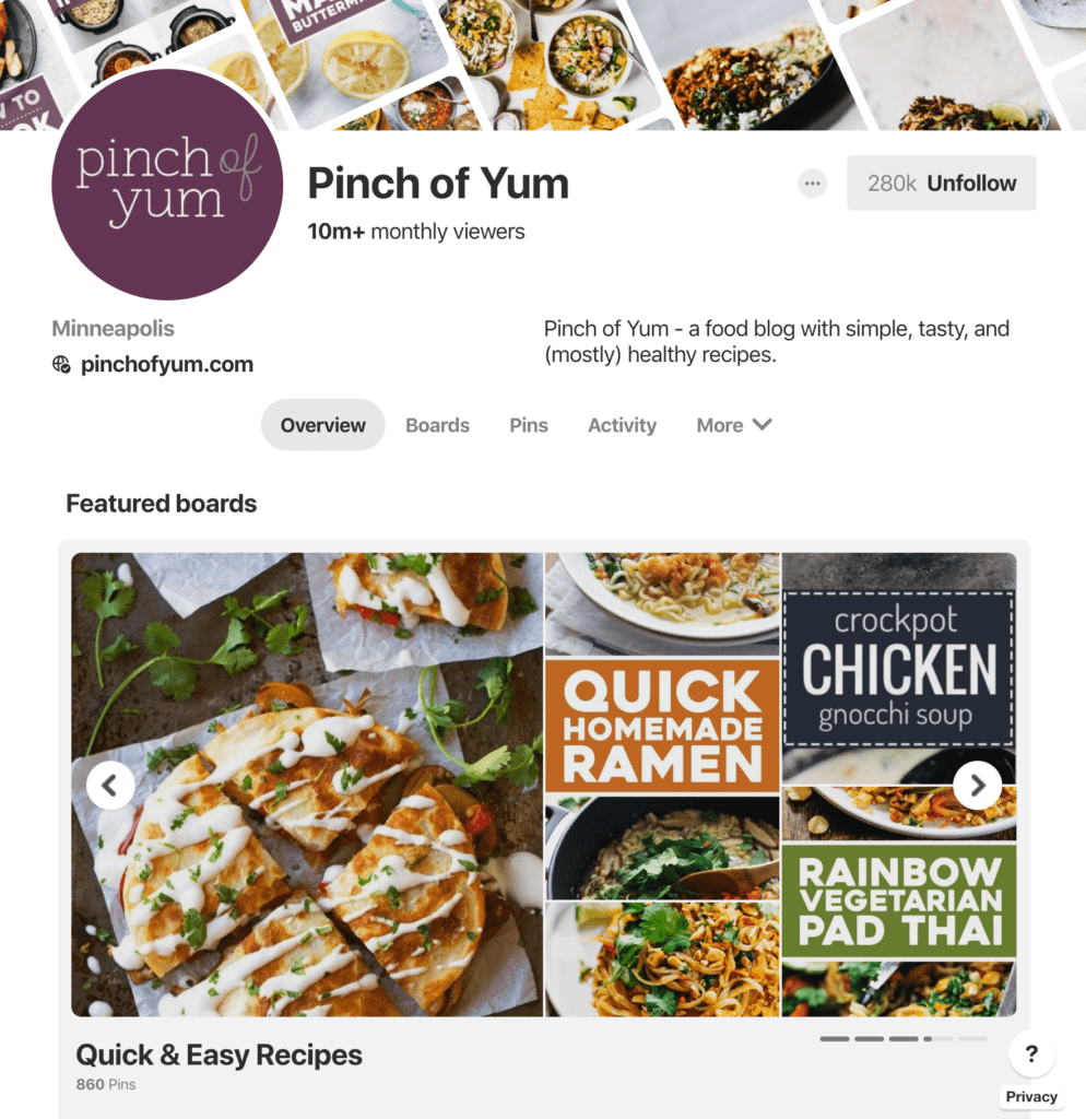 Pinch of Yum profile on Pinterest with Featured Boards including Quick & Easy Recipes