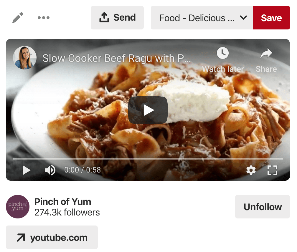 Pinch of Yum Slow Cooker Beef Ragu video from YouTube, displaying on Pinterest