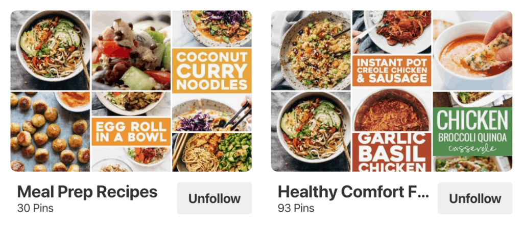 Meal Prep Recipes and Healthy Comfort Foods boards on Pinch of Yum's Pinterest account