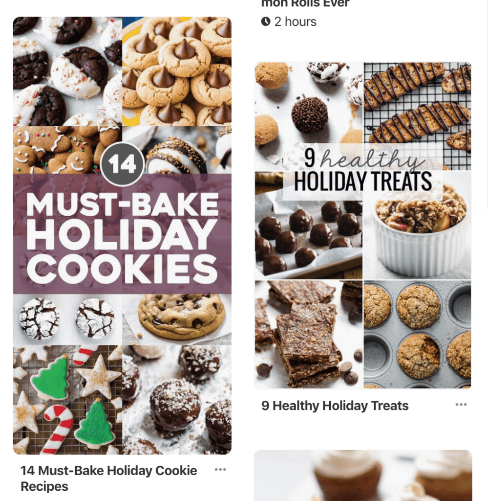 Two holiday-specific pins - Must-Bake Holiday Cookies, and 9 Healthy Holiday Treats