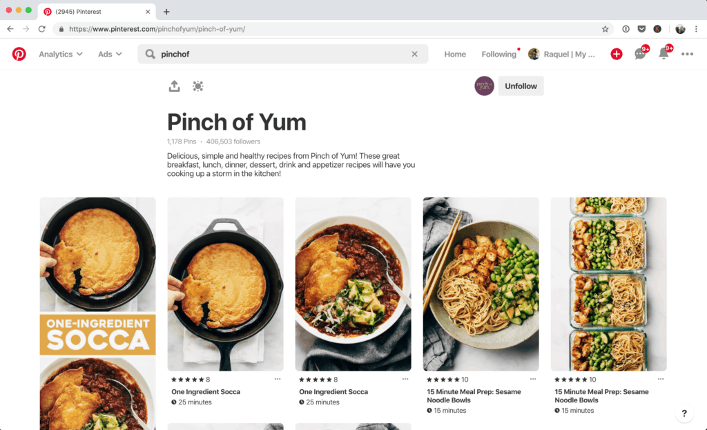 The main board on the Pinch of Yum Pinterest account that features all recipes found on Pinch of Yum