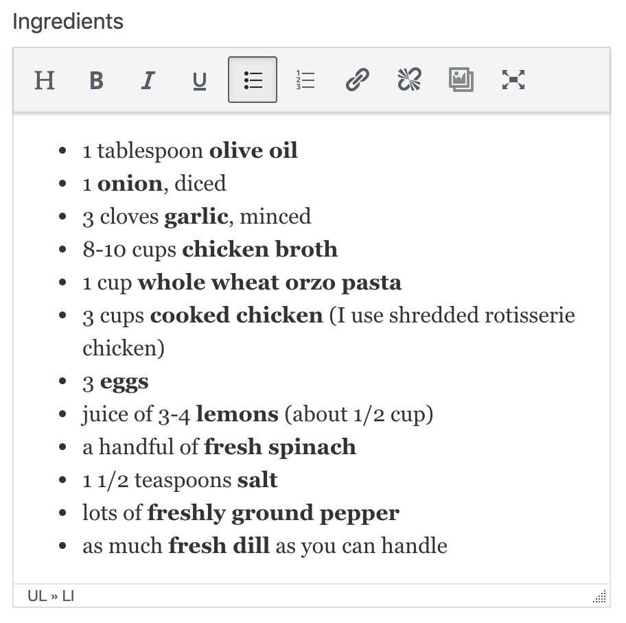 A list of ingredients in a rich-text field in the Tasty Recipes editor