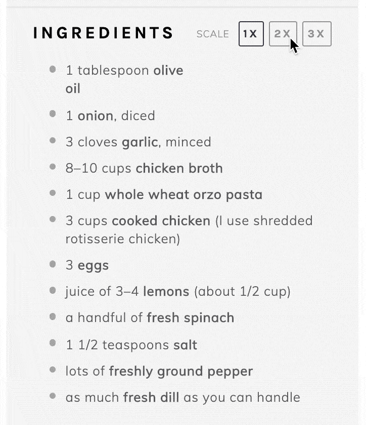 Example of clicking the scale buttons to change the recipe ingredients