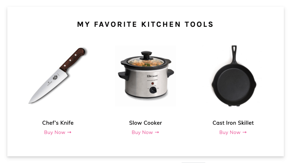 Tasty Links Featured Links block with three featured products - Chef's KNife, Slow Cooker, Cast Iron Pan