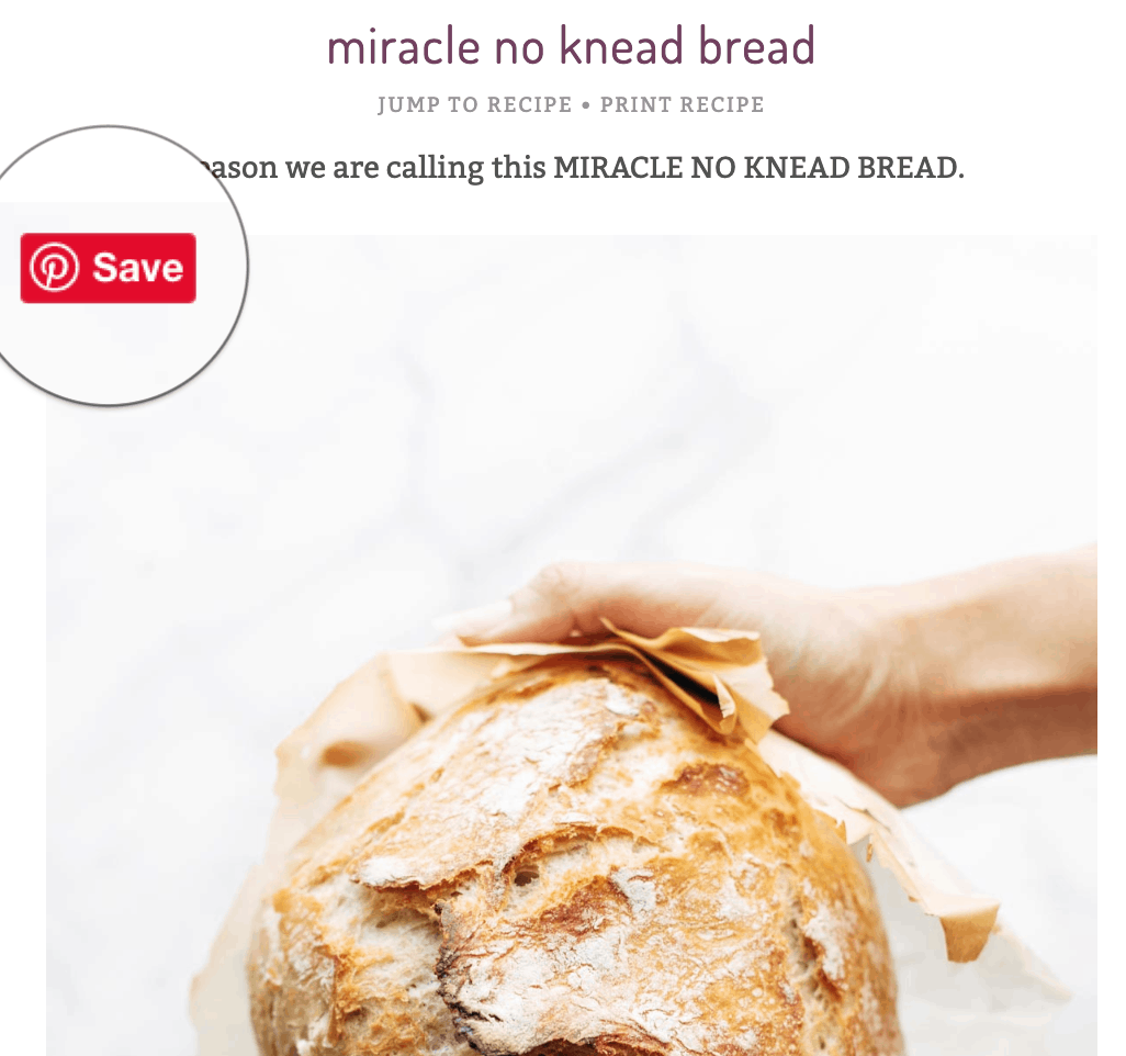 Red Pinterest Save button showing up over an image of bread on the Pinch of Yum site
