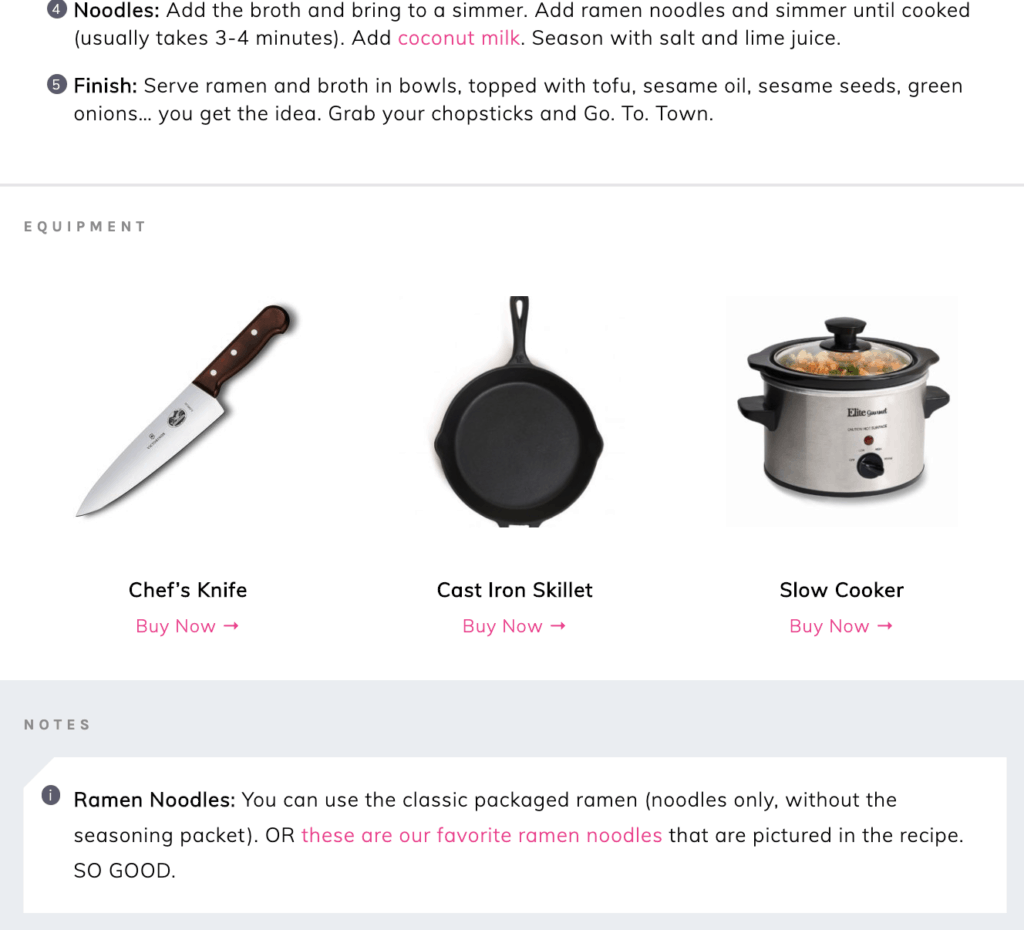 Equipment section inside a Tasty Recipes card, containing three items, Chef's Knice, Cast Iron Skillet, and Slow Cooker