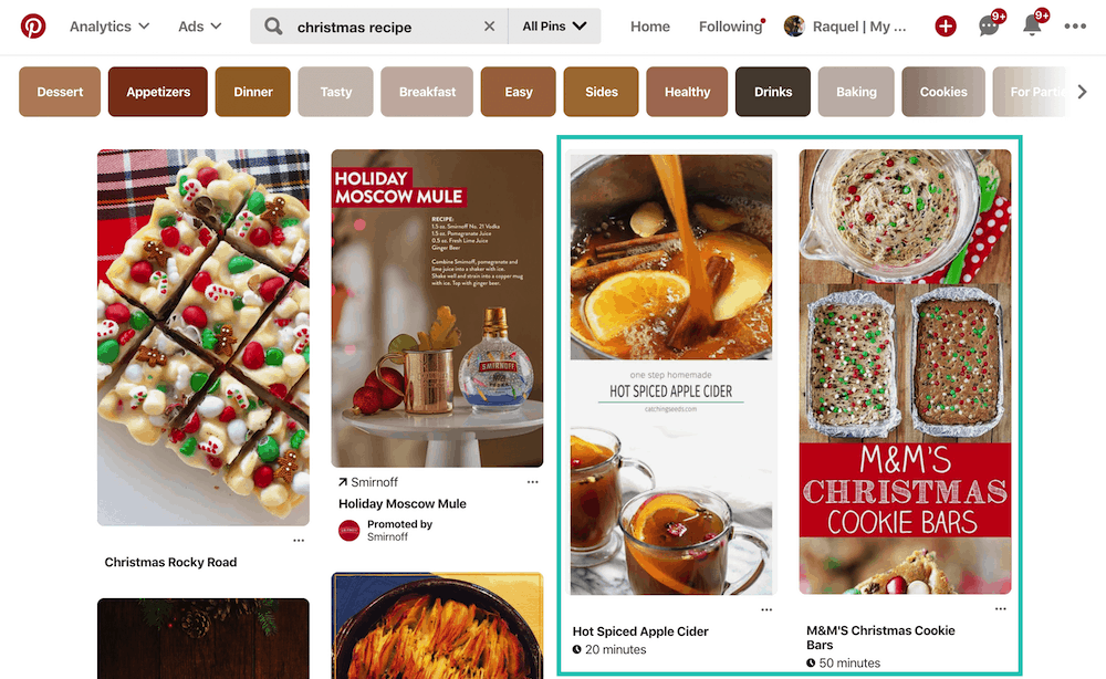 Pinterest search for "Christmas recipes" comes up with 2 results that were originally published in 2016