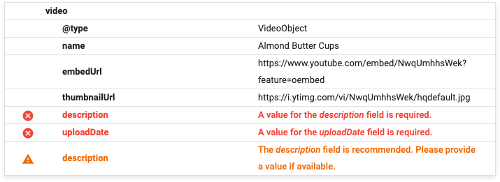 Structured data video errors for description and upload date.