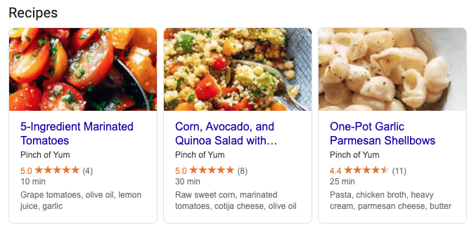 Screenshot of 3 Pinch of Yum recipes in Google Search Results